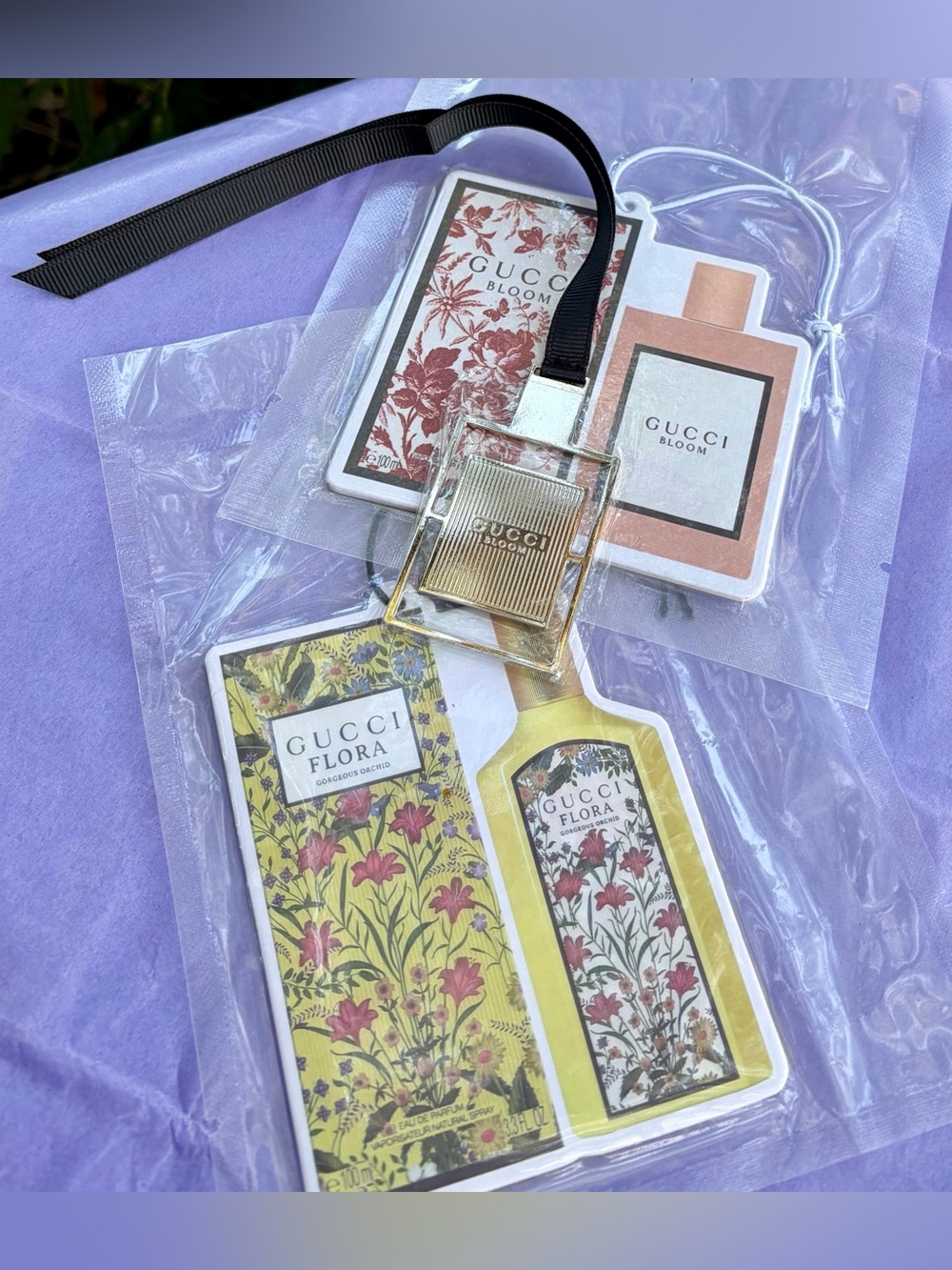 NEW GUCCI Silver Bloom Rectangular  Bookmark w/Black Ribbon & 2 GUCCI Fresheners
